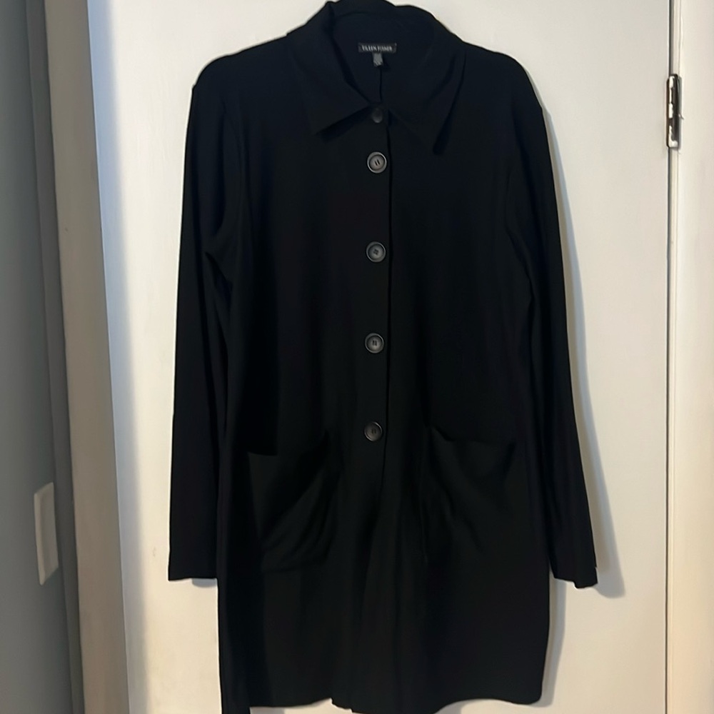 Eileen Fisher Gorgeous Black Button up 3/4 length with great big pockets.